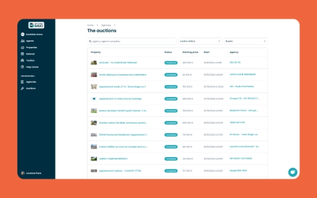 Tableau de bord du site de Enchères Immo